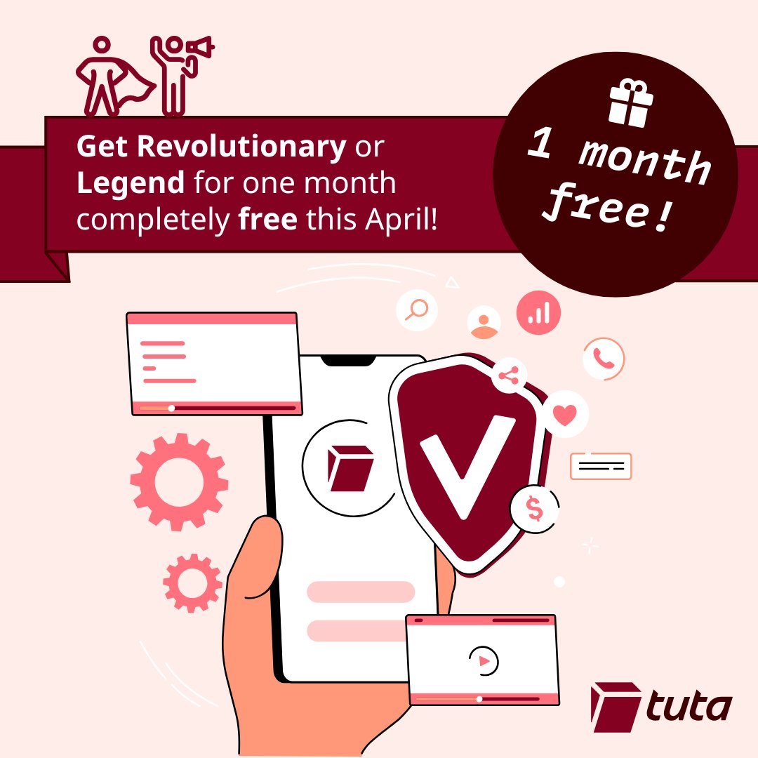 Ready to go Revolutionary or even become a Legend?! 💖

Tuta Mail &amp; Tuta Calendar are getting better by the day, and now you can test all premium features one month for FREE! 🥳🤩

✅ Short tuta.com Domain
✅ Custom Domain Support With Catch-All
✅ ️15 Aliases