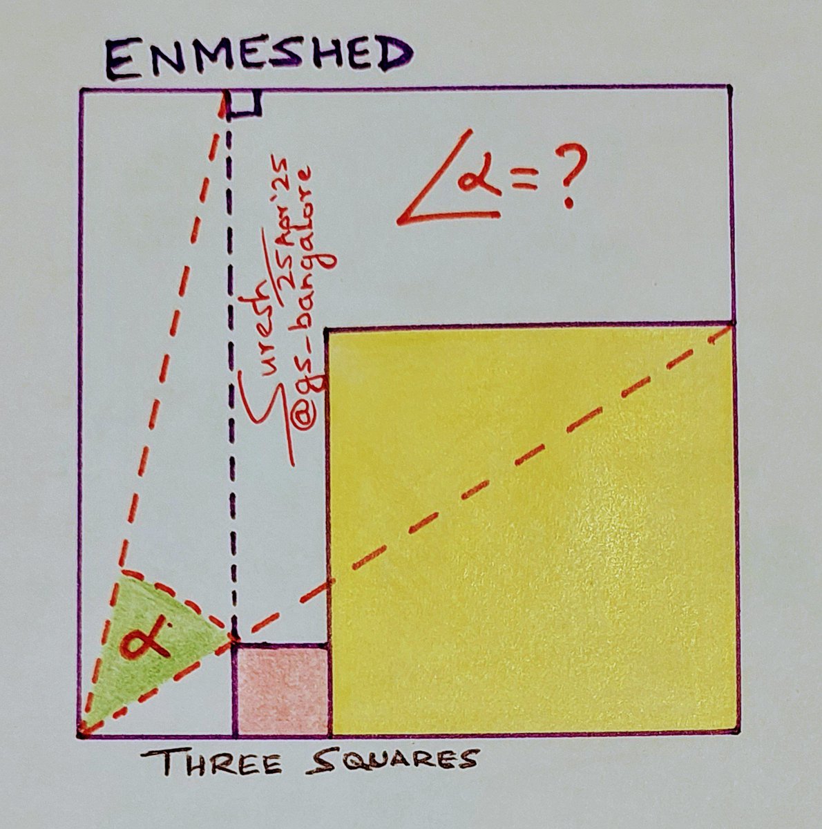 gs_bangalore's tweet image. Enmeshed. Three squares, and an extended side. Alpha = ?

Inspired by @DmitriySpirido5  

#geometrique #angle #trigonometry #puzzle #thinking #logic #reasoning #square #circle #math #teacher #algebra #today #mathteachers #mathematics #geometrynodes #highschool #students #learning