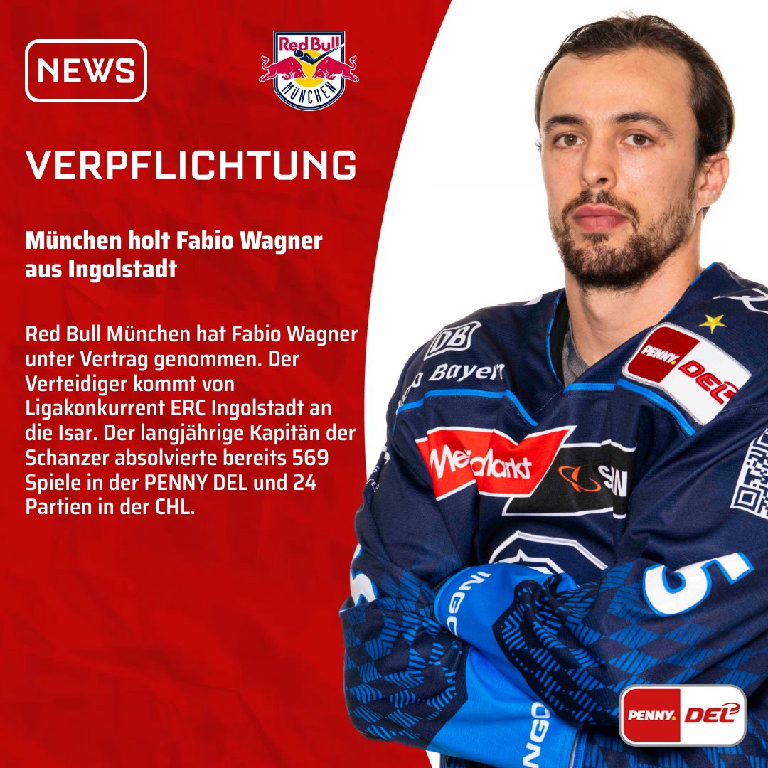 Deutsche Eishockey Liga (@deloffiziell) on Twitter photo .<a href="/RedBullMuenchen/">EHC Red Bull München</a> hat Fabio Wagner unter Vertrag genommen. Der Verteidiger kommt von Ligakonkurrent <a href="/ERCIngolstadt/">ERC Ingolstadt</a> an die Isar. Der langjährige Kapitän der Schanzer absolvierte bereits 569 Spiele in der #PENNYDEL und 24 Partien in der CHL. .<a href="/RedBullMuenchen/">EHC Red Bull München</a> hat Fabio Wagner unter Vertrag genommen. Der Verteidiger kommt von Ligakonkurrent <a href="/ERCIngolstadt/">ERC Ingolstadt</a> an die Isar. Der langjährige Kapitän der Schanzer absolvierte bereits 569 Spiele in der #PENNYDEL und 24 Partien in der CHL.