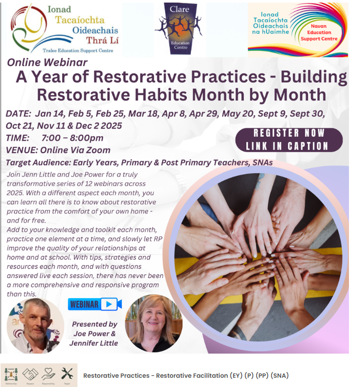 Navan Education Support Centre (@navanesc) on Twitter photo Restorative Facilitation Webinar 🗓️Tues 29th April | ⏰ 7–8pm | 💻Zoom
For SNAs & Early Years Educators
Learn to mediate conflict & facilitate with fairness.
Part 6 of our RP series with Jenn & Joe!
🔗Register: zoom.us/webinar/regist…
@ClareEd <a href="/TraleeESC/">Tralee Education Support Centre</a> #RestorativePractices Restorative Facilitation Webinar 🗓️Tues 29th April | ⏰ 7–8pm | 💻Zoom
For SNAs & Early Years Educators
Learn to mediate conflict & facilitate with fairness.
Part 6 of our RP series with Jenn & Joe!
🔗Register: zoom.us/webinar/regist…
@ClareEd <a href="/TraleeESC/">Tralee Education Support Centre</a> #RestorativePractices
