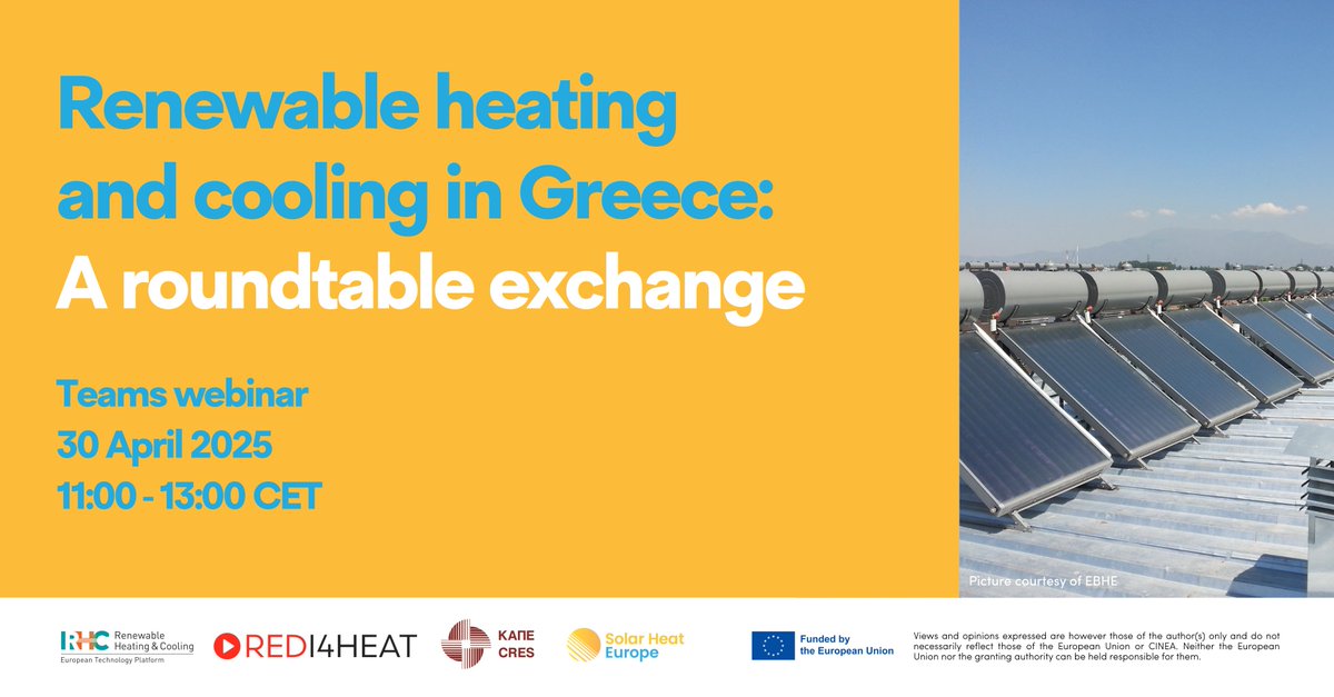 You can still register for the #RHCETIP online roundtable on #renewable heating and cooling in Greece
🗓️ next Wednesday, 30 April 
Register here 👉us06web.zoom.us/meeting/regist…