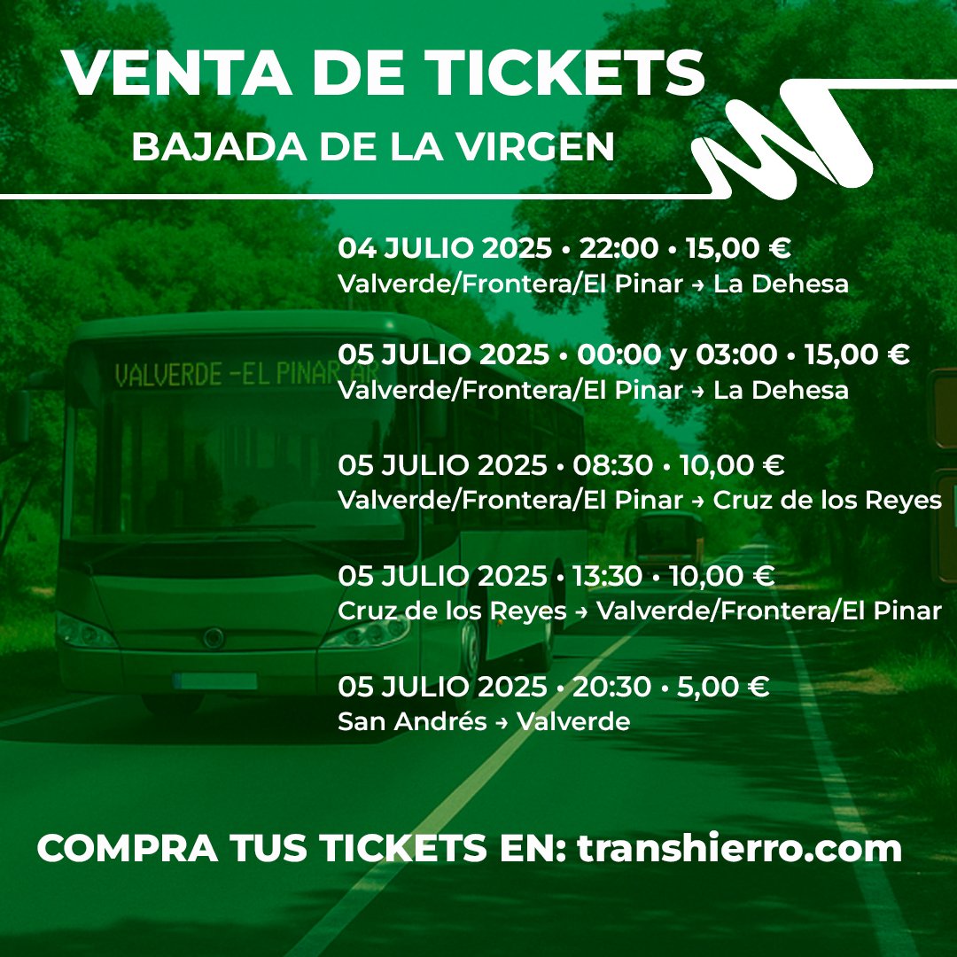 VENTA DE TICKETS PARA EL SERVICIO DE LA BAJADA DE LA VIRGEN 2025

El próximo lunes 28 de abril se pondrán a la venta los tickets para el servicio de la Bajada de La Virgen 2025

Todos estos servicios estarán disponibles en nuestra página web transhierro.com