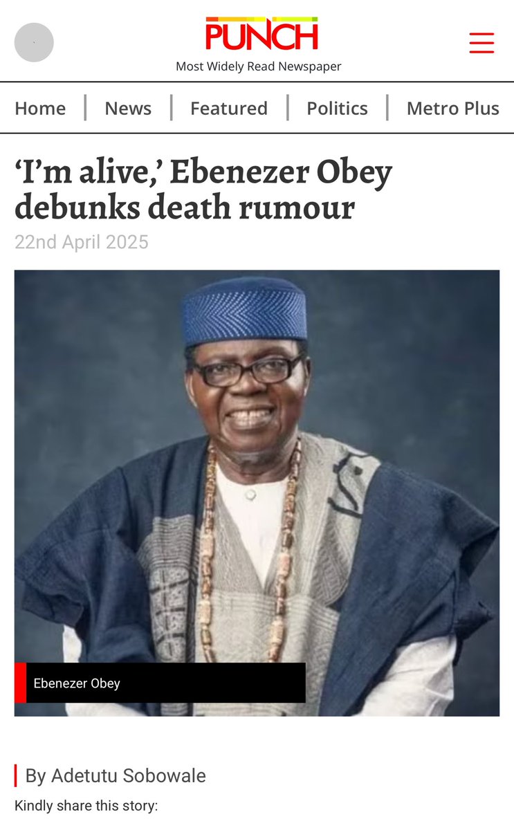 sholaanimashaun's tweet photo. One would expect that a nationally recognized newspaper @MobilePunch —one of the most respected in the country—would give proper credit for images used on its website or in print.

I reviewed the article titled “I’m alive,’ Ebenezer Obey debunks death rumour” (published April 22, 2025 – link here https://t.co/DokEPQHC0D ) and found no mention of me, Shola Animashaun, as the creator of the image used.

The photograph featured in that article is from a commissioned series I created for Chief Dr. Ebenezer Obey a few years ago in celebration of his birthday.

Punch Newspaper, give credit where it’s due. You know better—do better.

@fccpcnigeria

#GiveDueCreditItCostNothing #SholaAnimashaun #EbenezerObey #Legend #PunchNewspaper #SholaAnimashaun #SholaAnimashaunPhotography #PunchNewspapers #NCC #NigeriaCopyrightCommission