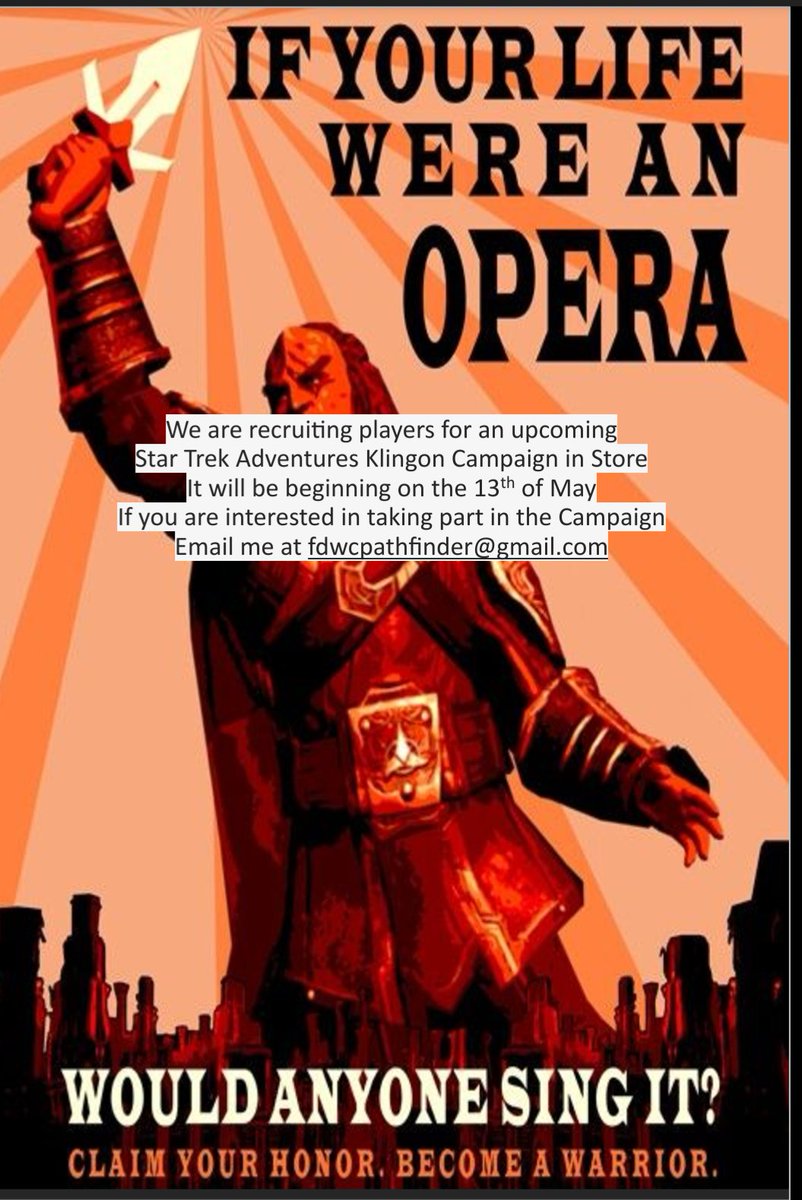 Trying my best to get players for my Klingon Star Trek RPG campaign is not going great. If you are in the Glasgow area and want to jump in, it's 3 Tuesdays out of 6 at <a href="/outpostcomics/">the Last outpost Comics</a> in the Forge Shopping centre between half 6 and 10, starting from the 13th of May.