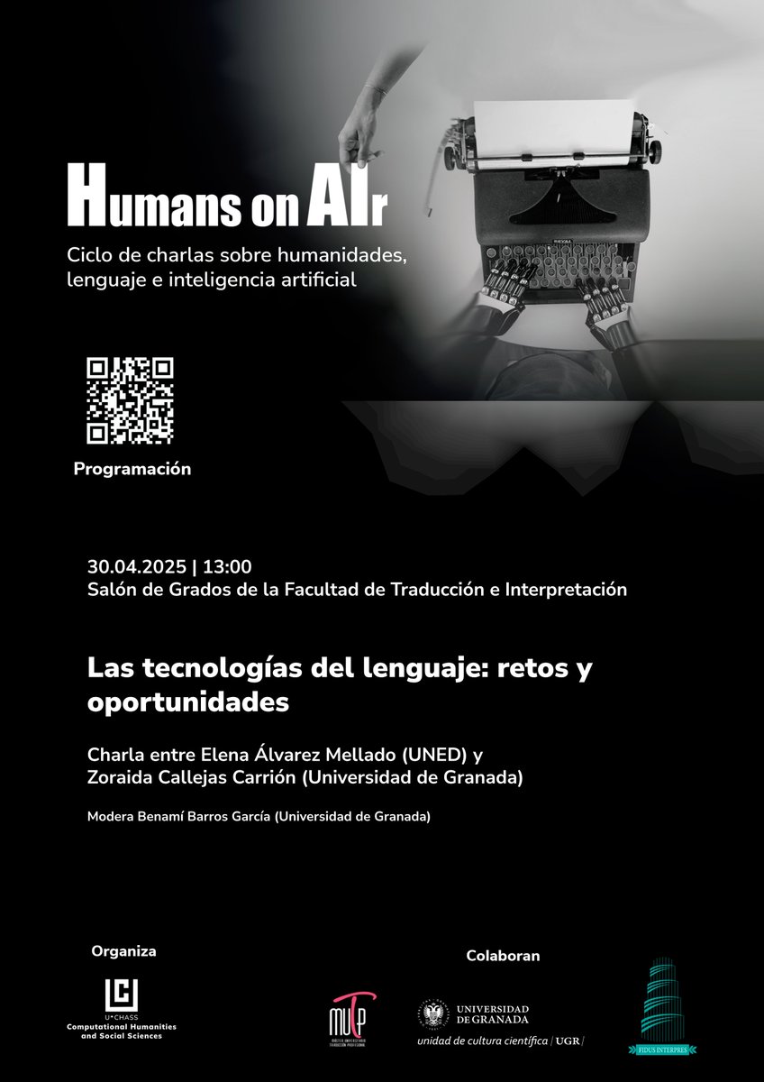 Los ciclos de Humans on AIr vuelve a finales de este mes con una mesa coloquio donde  <a href="/ZoraidaCallejas/">Zoraida Callejas</a> y <a href="/lirondos/">e'lena 'alβ̞aɾeð me'ʝ̞að̞o</a> hablarán sobre las tecnologías del lenguaje.

Será el 30 de abril a las 13:00h. en el Salón de Grados de la <a href="/factradugr/">factradUGR</a> 

<a href="/MUTP_UGR/">MUTP</a>  <a href="/CanalUGR/">Universidad Granada</a>