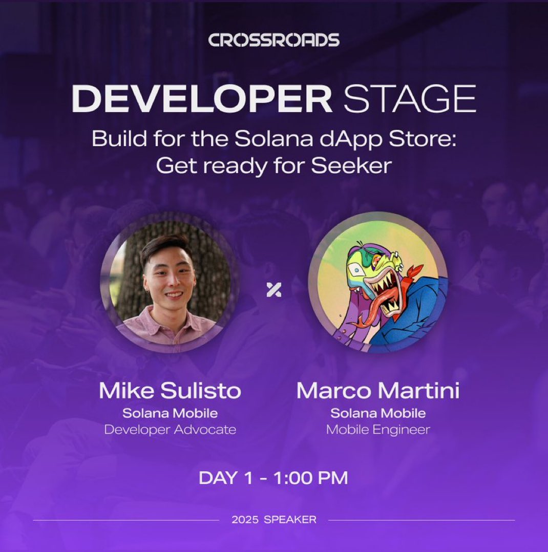 solanamobile's tweet photo. Solana Mobile takes the Developer Stage at Crossroads in 15 minutes.

Swing by to learn how to launch apps on our dApp Store. See you there! https://t.co/LsvyT2vRBH