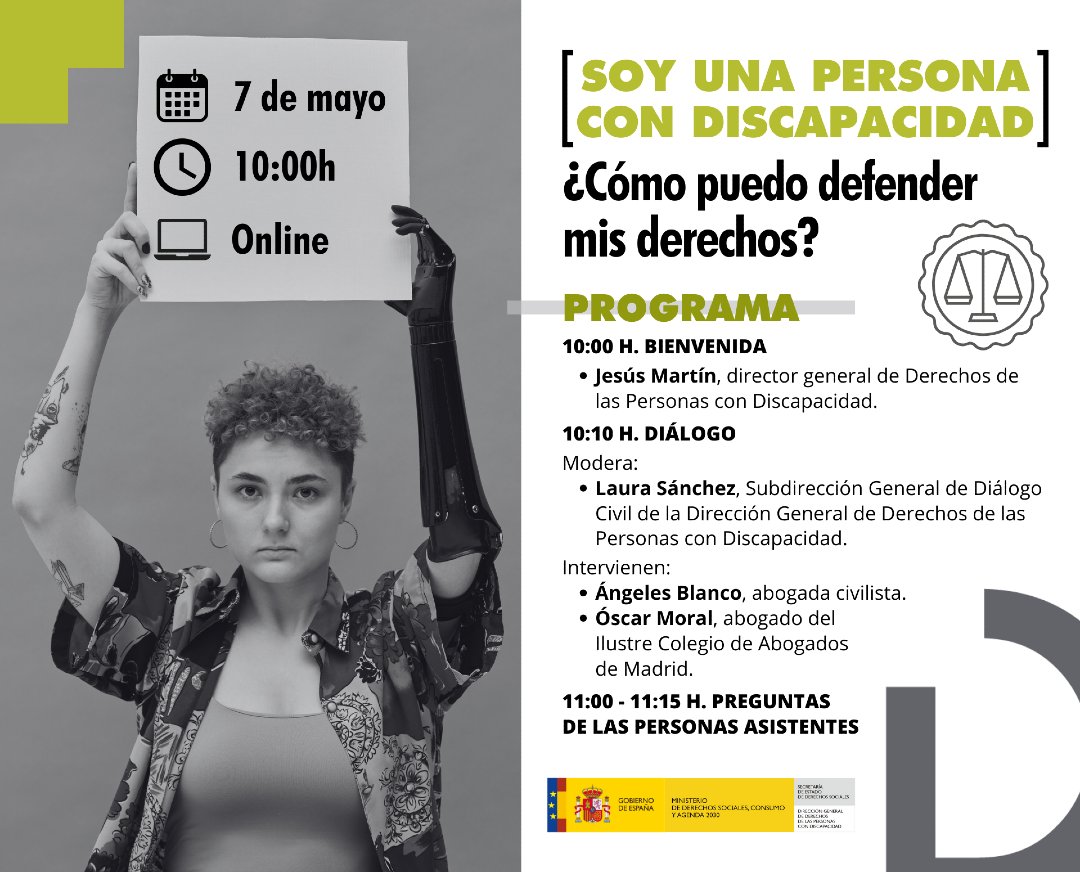 Real Patronato sobre Discapacidad y D. G. (@rpdiscapacidad) on Twitter photo 📅 La DG de Discapacidad de <a href="/MSocialGob/">Ministerio de Derechos Sociales, Consumo y A2030</a> te invita al diálogo online ‘Soy una persona con discapacidad, ¿cómo puedo defender mis derechos?’ 👉 2 abogados con #discapacidad explicarán de manera sencilla cómo actuar ante una #discriminación.
📝 Inscríbete: bit.ly/FormDerechos. 📅 La DG de Discapacidad de <a href="/MSocialGob/">Ministerio de Derechos Sociales, Consumo y A2030</a> te invita al diálogo online ‘Soy una persona con discapacidad, ¿cómo puedo defender mis derechos?’ 👉 2 abogados con #discapacidad explicarán de manera sencilla cómo actuar ante una #discriminación.
📝 Inscríbete: bit.ly/FormDerechos.
