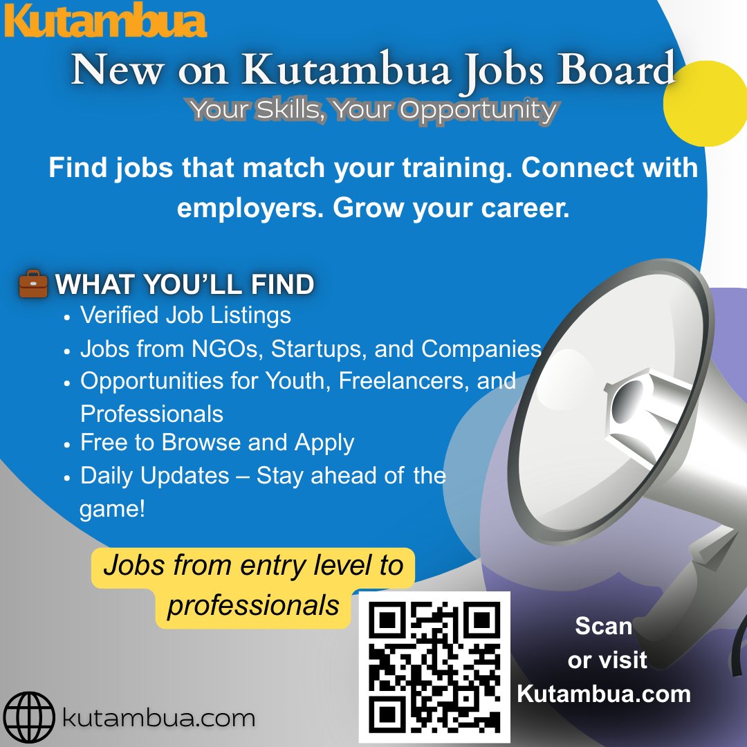 YouthFutureLab's tweet photo. Are you a passionate individual seeking a job that matches your qualifications? The wait is over! Here’s some great news brought to you by Kutambua through the Kutambua Jobs Board. Explore a variety of exciting opportunities by visiting https://t.co/kM4wGuWQa7. https://t.co/LbjLQ7KEPy