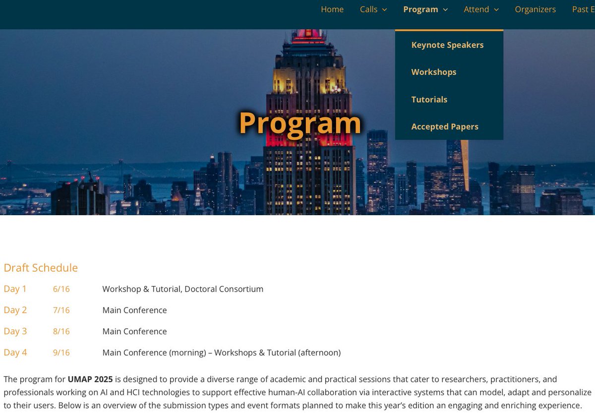 UMAP (@umapconf) on Twitter photo The draft program for #UMAP2025 is out and ready for you to be explored 🤠
Take a look at the **AMAZING** lists of keynote speakers (<a href="/frossi_t/">Francesca Rossi</a> and Alexander Tuzhilin), workshops, tutorials, and accepted papers (still to be completed 🫠)
#nyc #usermodeling #personalization The draft program for #UMAP2025 is out and ready for you to be explored 🤠
Take a look at the **AMAZING** lists of keynote speakers (<a href="/frossi_t/">Francesca Rossi</a> and Alexander Tuzhilin), workshops, tutorials, and accepted papers (still to be completed 🫠)
#nyc #usermodeling #personalization
