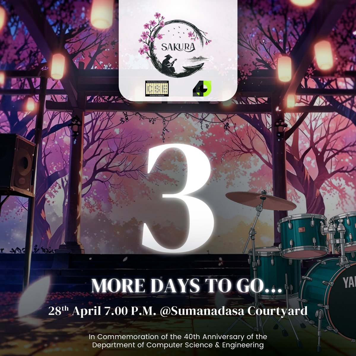 cse_uom's tweet photo. ✨ Beneath stars and twilight dreams, moonlight whispers in quiet seams ✨
Join us at SAKURA on the 28th of April 2025, from 7:00 PM onwards at the Sumanadasa Courtyard 🌸
💫 3 days till magic blooms like a whispered secret
#CSE #CSE40 #UoM #Sakura https://t.co/vIGynh6QJp