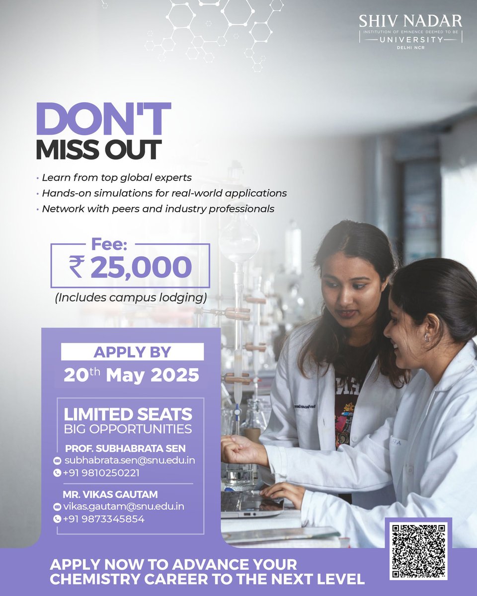 Elevate Your Career! –"Deadline Extended till 20 May 2025”

We’re excited to announce a Certificate Course in Process Development in Chemistry

·  Dates: June 30 –July 4, 2025
·  Fee: ₹25,000 (includes lodging)
·  Apply By: May 20, 2025
· Payment Link - lnkd.in/deETaNvB