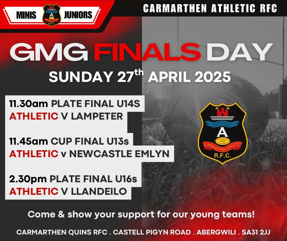 Wishing all involved in this weekend’s GMG finals the very best of luck 🍀 
Good Luck boys 🔴⚫️💪
#carmarthenathletic #GMG #rugbylife