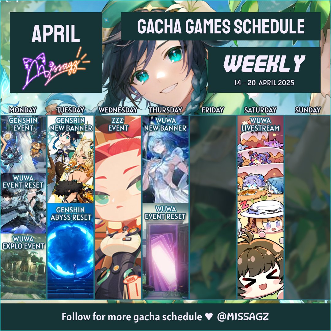 [16th week] Sorry for the late update !
Last schedule coming soon.
#Genshinlmpact #HonkaiStarRail #WutheringWaves #ZenlessZoneZero #gacha #news #gachaplanner #SCHEDULE