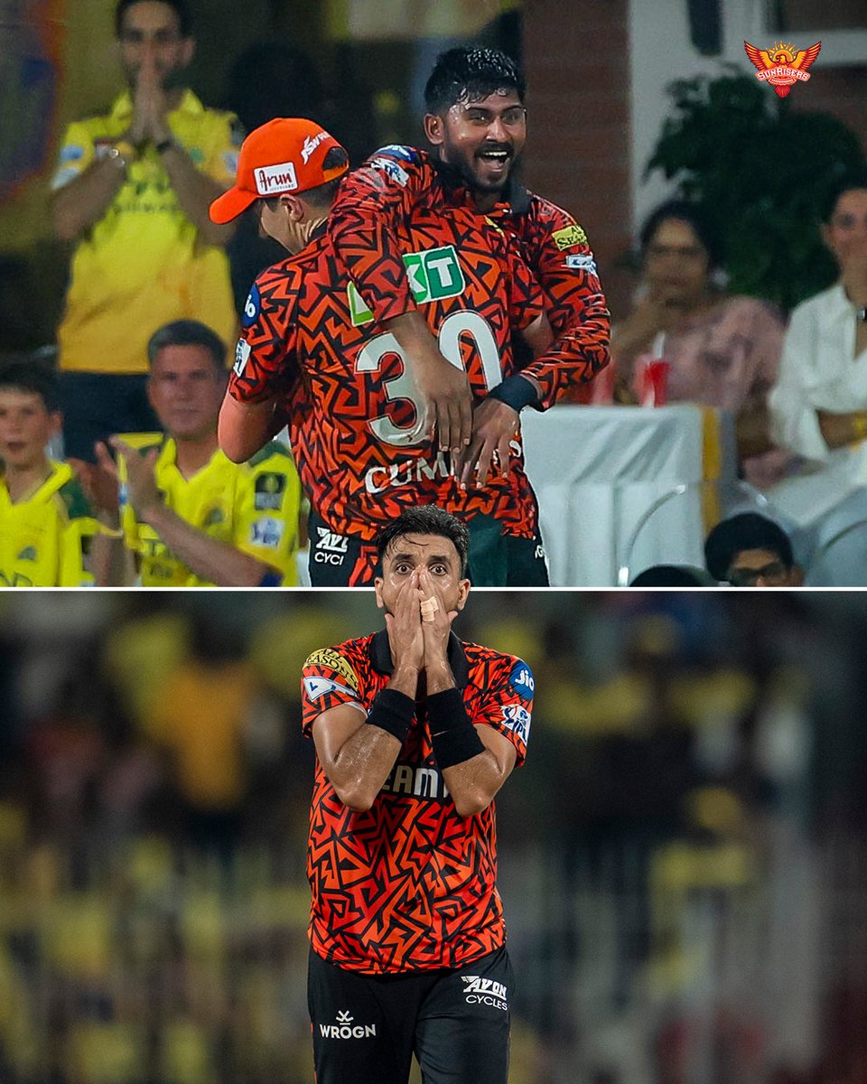 SunRisers's tweet photo. Harshal Bhai is all of us after that Kamindu screamer 🫣

#PlayWithFire | #CSKvSRH | #TATAIPL2025 https://t.co/uyLfYGQOUZ