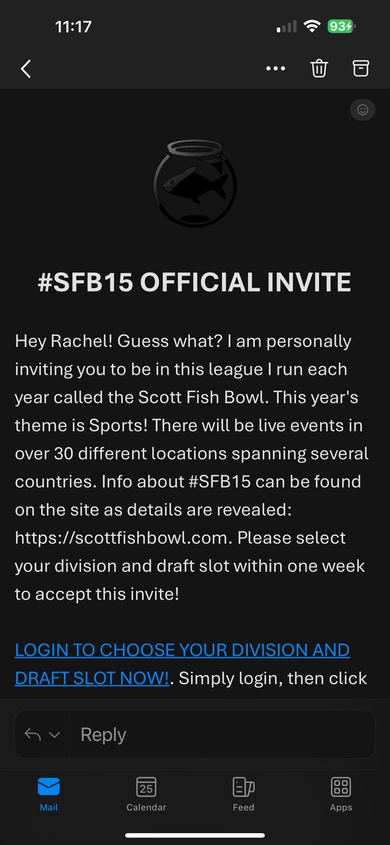 FantasyFootballChick (Rachel) (@liveocgirl) on Twitter photo Yay, yay, yay!! Always a thrill and an honor to receive an invite to the best fantasy league ever! Thank you <a href="/ScottFish24/">Scott Fish</a> for all you do keeping this legacy thriving! #SFB15 #Fantasycares Yay, yay, yay!! Always a thrill and an honor to receive an invite to the best fantasy league ever! Thank you <a href="/ScottFish24/">Scott Fish</a> for all you do keeping this legacy thriving! #SFB15 #Fantasycares