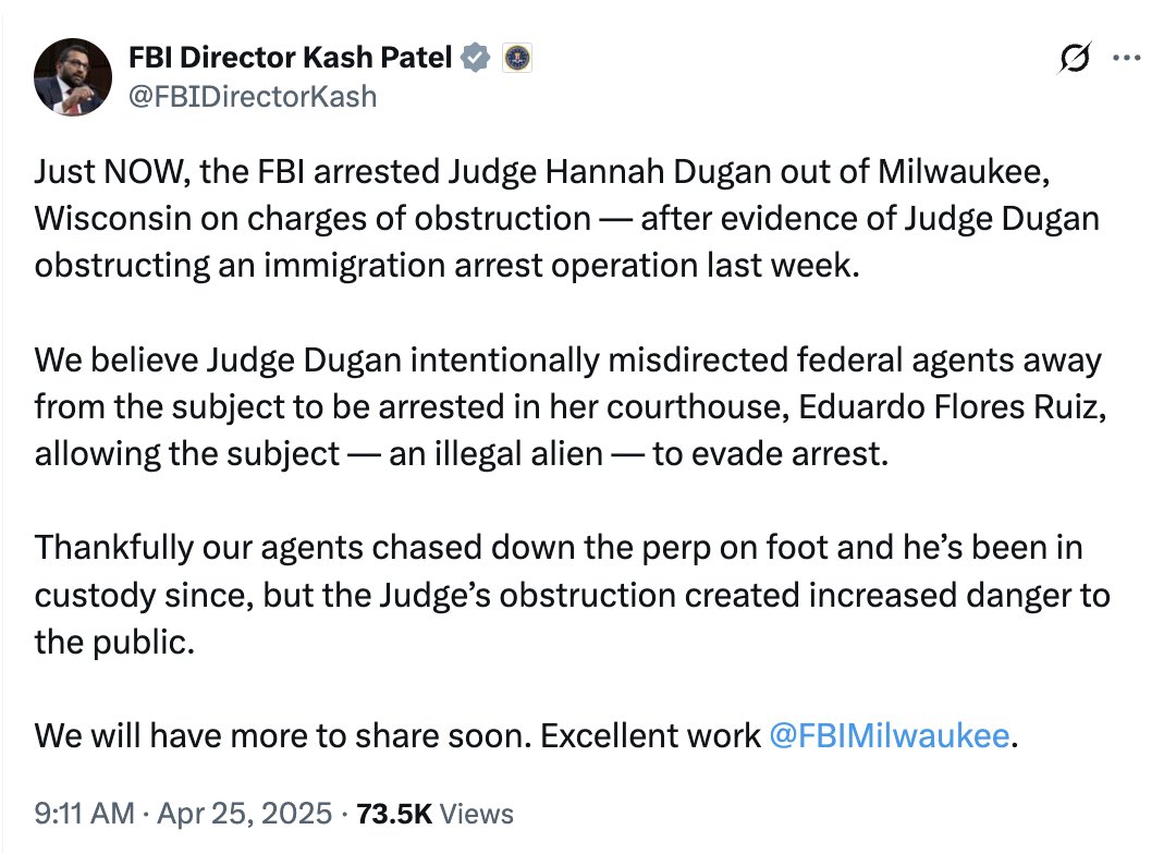 BulwarkOnline's tweet image. BREAKING: FBI Director Kash Patel just tweeted and deleted a post saying the agency arrested a judge