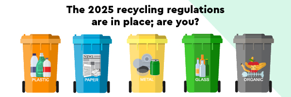 Companies with 10+ employees must separate recyclables! 🚮, and also audit your waste, use clear labels, and check your waste provider contracts. 

Here’s what you need to recycle: 
glass, metal, plastic, paper, card &amp; food waste. 
Starting March 2027: Plastic Film. 
#Recycling