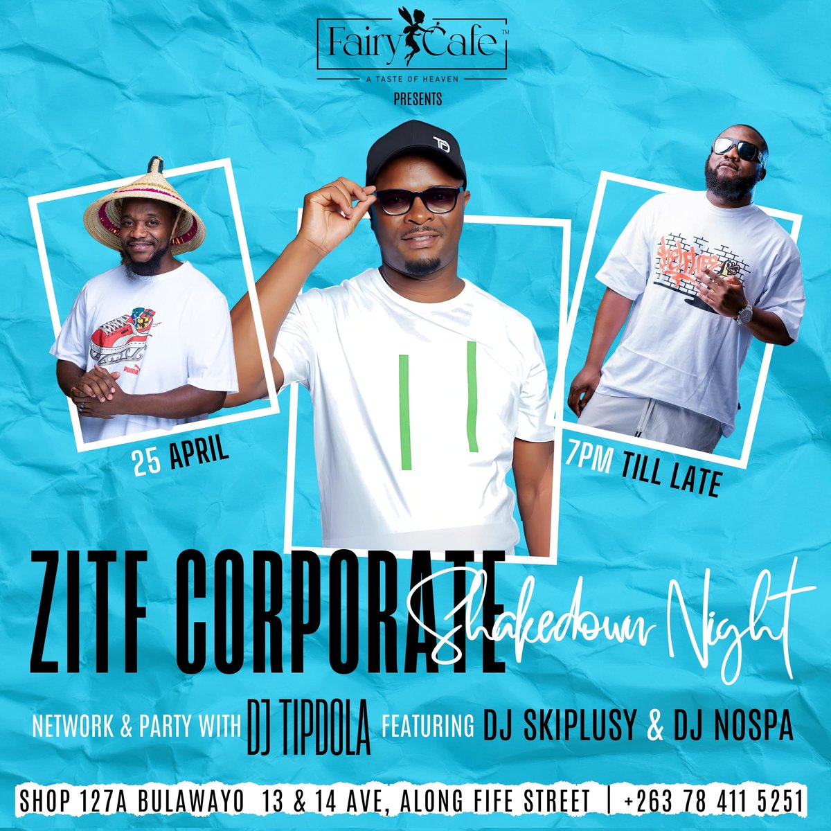 ZITF CORPORATE SHAKEDOWN — TONIGHT!
The official ZITF after-party goes next level tonight <a href="/fairycafezw/">Fairy Café</a> 
@djtipdola, <a href="/skiplusy/">skiplusyDJ</a> &amp; <a href="/NospaDJ/">Sekuru vaFufu</a> on rotation bringing the 🔥 from start to finish.
Mouthwatering meals, sizzling platters, smooth .

Flyer Designed by yours truly 😊