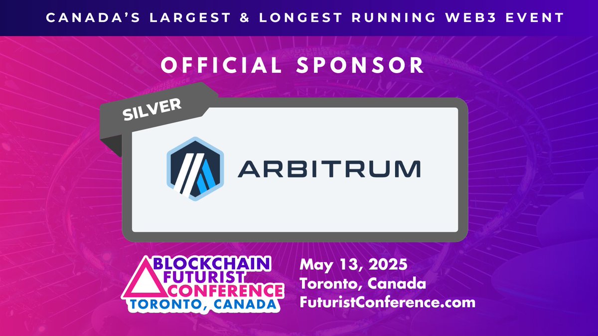 Futurist_conf's tweet image. 🚀 Arbitrum DAO is making the future possible! 🚀 
We’re thrilled to welcome of @arbitrum as an official Silver Sponsor of the 7th Annual Blockchain Futurist Conference!  
Come see them: 
📅 May 13, 2025 
📍 Toronto, Canada 
⚡️ Thank you for making the future possible ⚡️