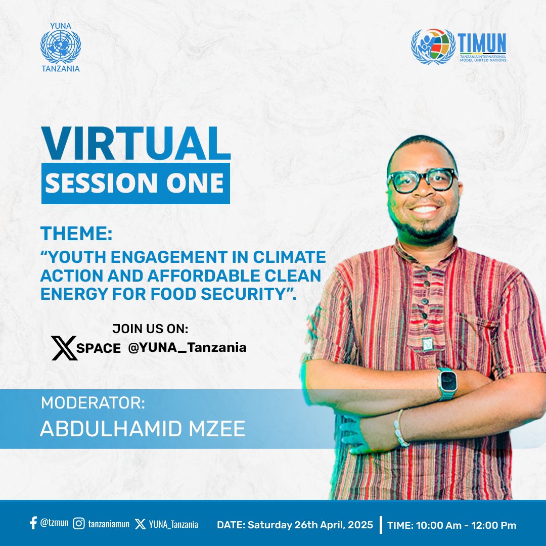 We are thrilled to have Barbara Mlata and Abdulhamid Mzee as the moderators for our first virtual session.
theme:
"Youth Engagement in Climate Action and Affordable Clean Energy for Food Security."

Join them live as they guide powerful conversations with incredible speakers!