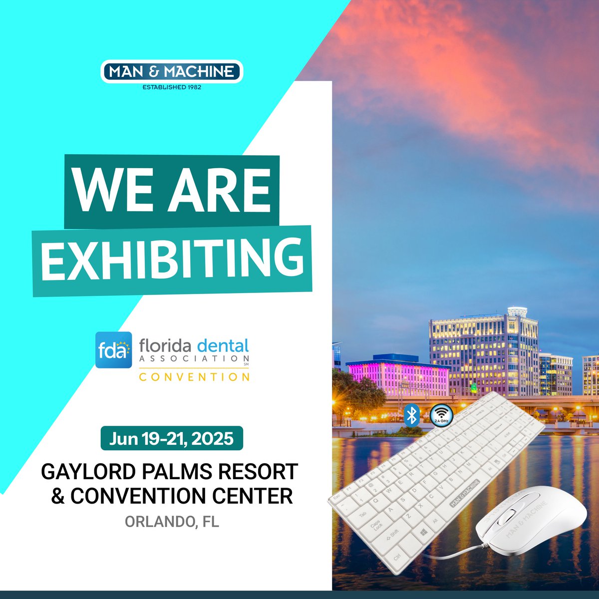 ManAndMachineCo's tweet image. Join us at the 2025 Florida Dental Convention, June 19-21! Visit Man &amp;amp; Machine at booth MC2 to see our washable keyboards, mice, and sterilizable accessories for dental offices. #FDC25 #washablekeyboards #keyboardbarriers #dentalkeyboards #manandmachine
