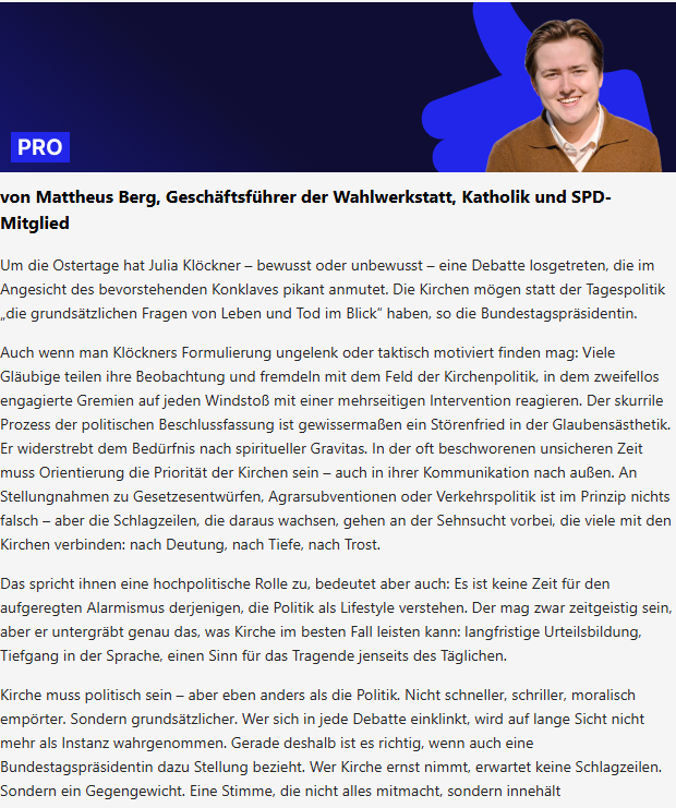 pundk's tweet image. Die neue Bundestagspräsidentin @JuliaKloeckner hat zum Einstand direkt mal für eine kirchenpolitische Grundsatzdebatte über die Osterfeiertage gesorgt. Wir greifen die Diskussion diese Woche im Pro&Contra auf und fragen: Sollten die Kirchen sich weniger zur Tagespolitik und…