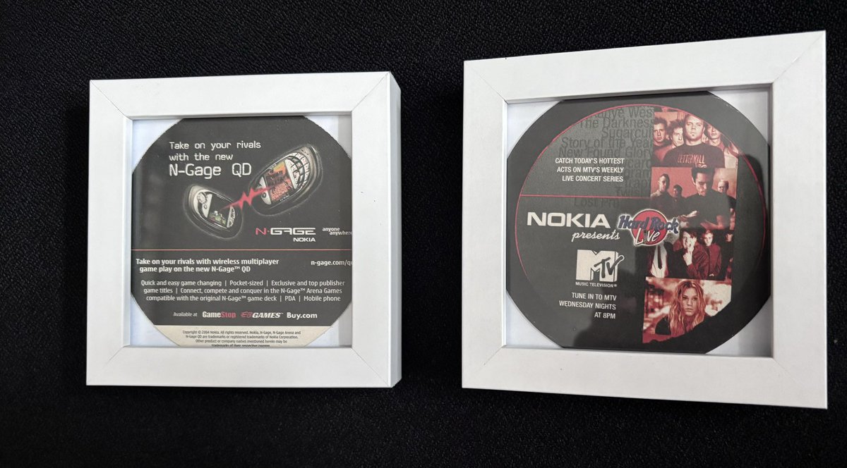 My 2 #NokiaNgage card coasters.   I have these in small frames, showing each side.   From USA, a tie in with MTV and it’s Hard Rock Live show. #Ngage