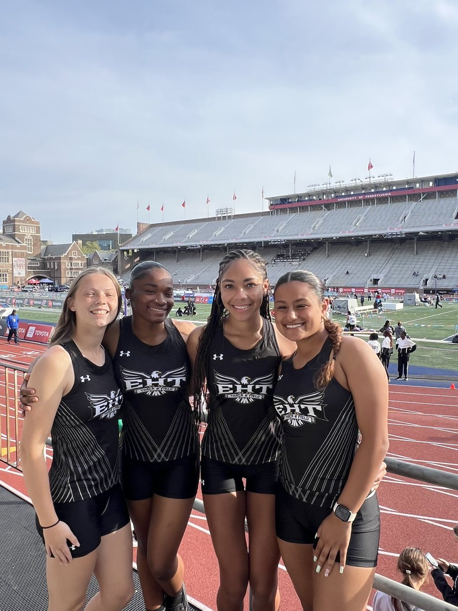 We are so proud of our girls!!! They won their heat  at today’s Penn Relays!! Congrats to our 4x100 relay consisting of Lauryn Triniwell, Lamya Scott, Lucy Stinson, and Jasmin Halim! #EHTPride #GottaHaveHeart #PennRelays2025 🎉🦅💗