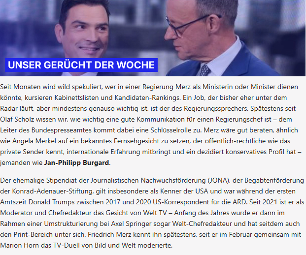 pundk's tweet image. Und zum Ende der Woche gibt es von uns auch das neuste Gerücht. Wir haben uns mal umgehört, wer für die künftige Merz-Regierung als Regierungssprecher arbeiten könnte. Ein Name, der dabei immer wieder genannt wird, ist der von Welt-Chefredakteur @JPBurgard, der aus gleich…