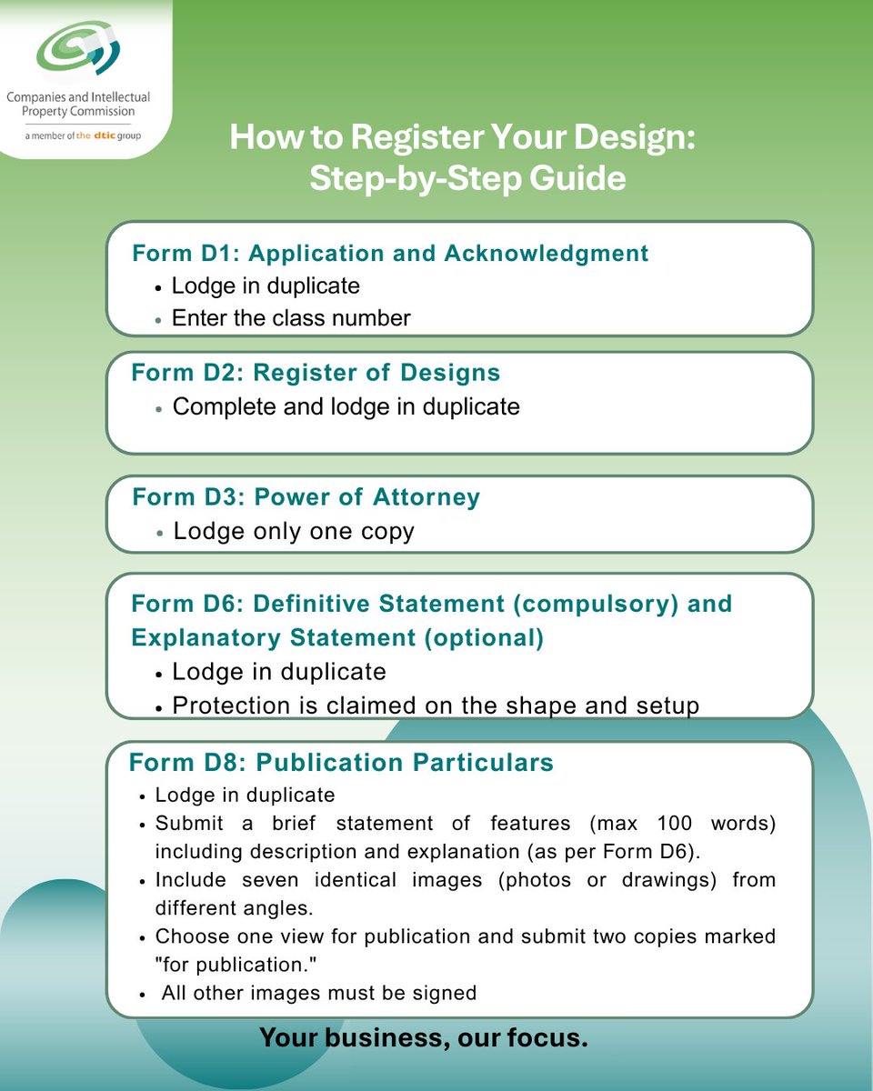 BizPortalGovZa's tweet image. Your design is more than just an idea; it&apos;s your intellectual property! 🎨
Registering it protects your work from being copied and gives you the legal rights to own and benefit from your creativity. ✅

Visit our website for more info.

#IPAwarenessMonth #DesignRegistration #CIPC