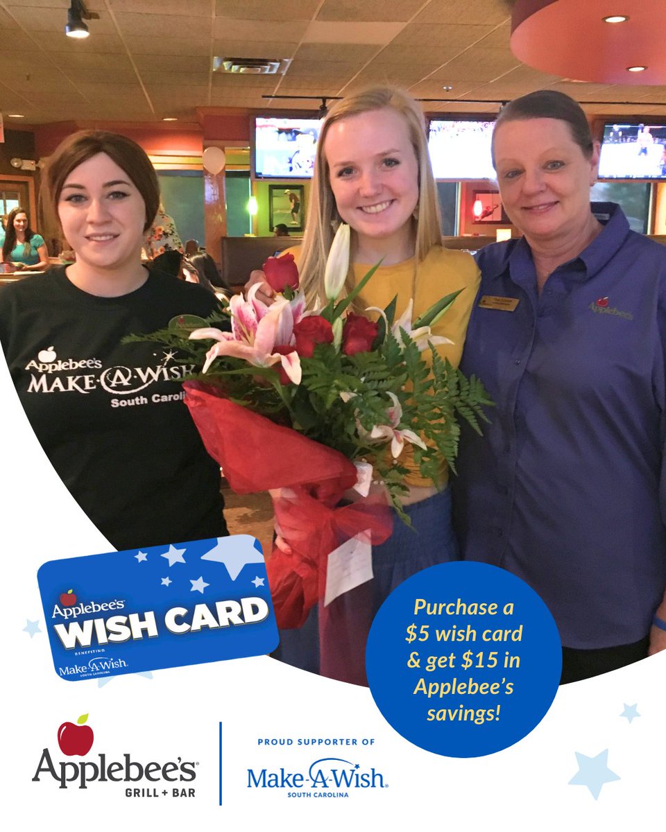 Make-A-Wish South Carolina (@makeawishsc) on Twitter photo ๐๐ฌ๐ผ๐๐ฟ $๐ฑ ๐๐ฎ๐ป ๐๐ต๐ฎ๐ป๐ด๐ฒ ๐ฎ ๐๐ถ๐ณ๐ฒ! ๐
Stop by <a href="/Applebees/">Applebee's Grill + Bar</a> this April & help make a child's wish come true! Donate $5 for a Wish Card, and you'll get $15 in Applebee's savings! ๐ฝ๏ธVisit any Applebeeโs in SC this month and be a part of something special!
#makeawishsc ๐๐ฌ๐ผ๐๐ฟ $๐ฑ ๐๐ฎ๐ป ๐๐ต๐ฎ๐ป๐ด๐ฒ ๐ฎ ๐๐ถ๐ณ๐ฒ! ๐
Stop by <a href="/Applebees/">Applebee's Grill + Bar</a> this April & help make a child's wish come true! Donate $5 for a Wish Card, and you'll get $15 in Applebee's savings! ๐ฝ๏ธVisit any Applebeeโs in SC this month and be a part of something special!
#makeawishsc