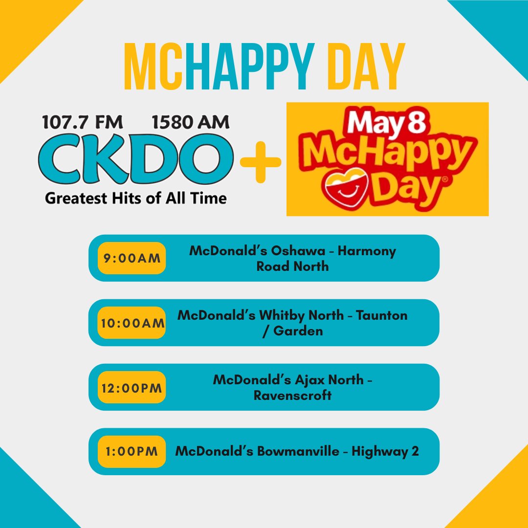 CKDOradio's tweet photo. #Mchappyday is tomorrow! Here are the McDonald's Colin Miller will be at with the #CKDO Events Cruiser! https://t.co/ZZ2mGkEk1G