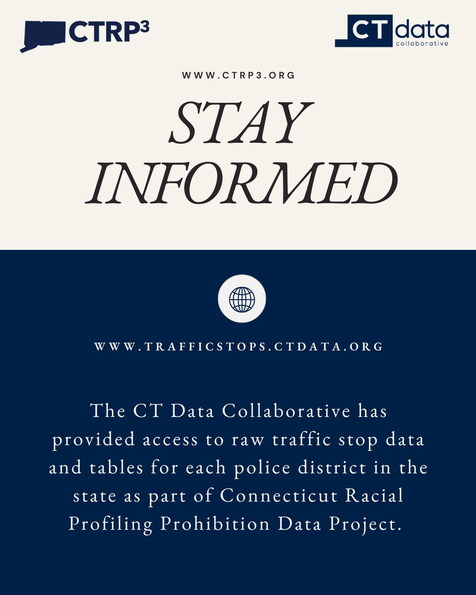 Connecticut Racial Profiling Prohibition Project (@ctrp_3) on Twitter photo Have you seen the data?
Our partnership with <a href="/CTOpenData/">CTData Collaborative</a> offers the public access to raw traffic stop data & district level tables across the state.
#RacialProfiling #CTRP3 #ctdatacollaborative
<a href="/UConnSPP/">UConn School of Public Policy</a> Have you seen the data?
Our partnership with <a href="/CTOpenData/">CTData Collaborative</a> offers the public access to raw traffic stop data & district level tables across the state.
#RacialProfiling #CTRP3 #ctdatacollaborative
<a href="/UConnSPP/">UConn School of Public Policy</a>