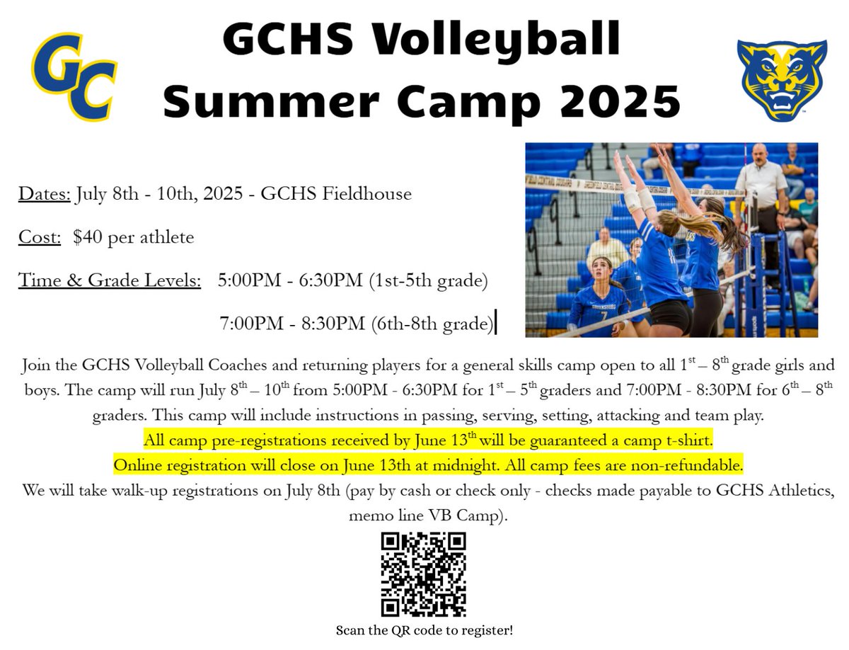 Registration is NOW OPEN for our 2025 Summer Volleyball Camp!

Tap the link below or scan the QR code to get registered today! We can’t wait to see you on the court!

public.eventlink.com/registrations?…