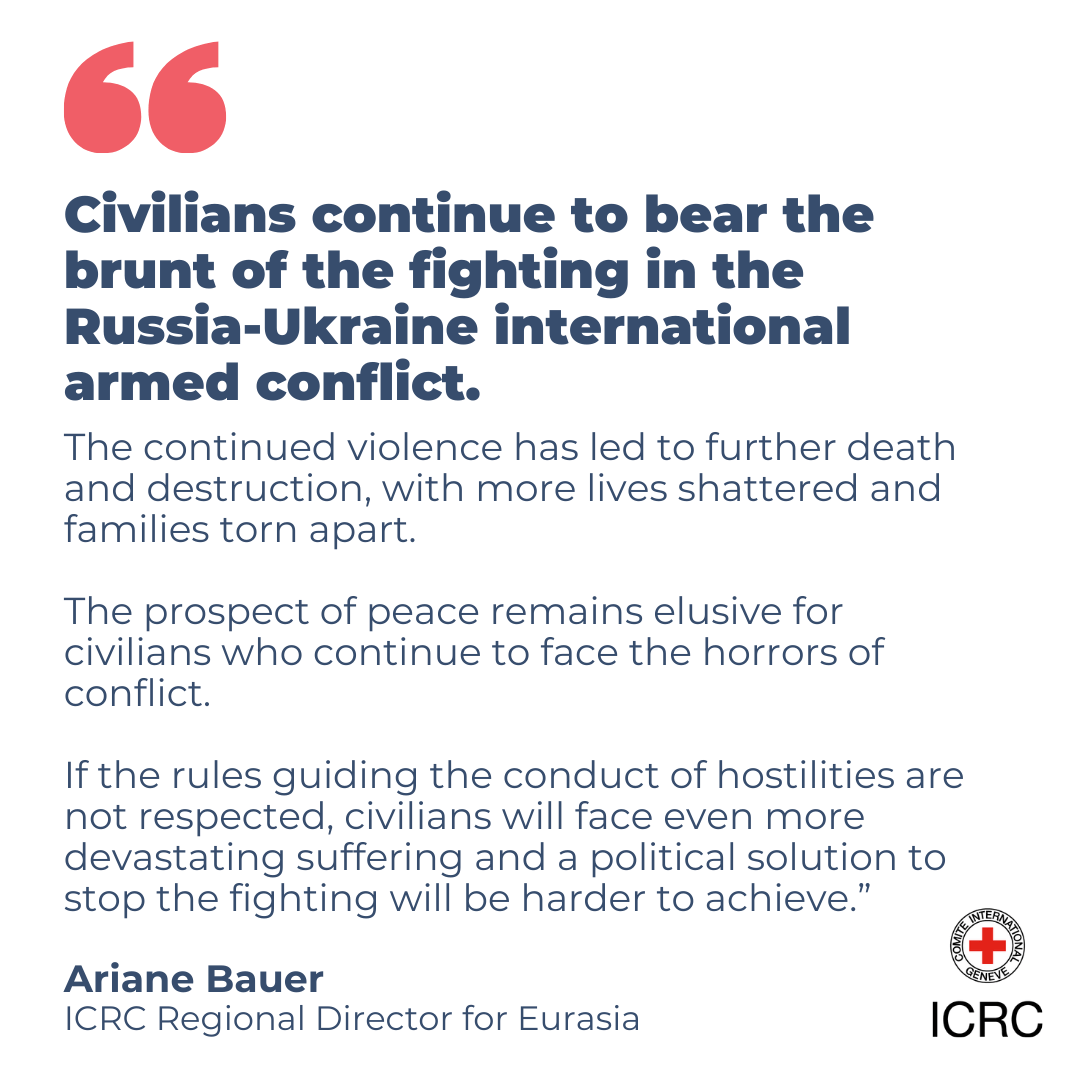 📍 Russia - Ukraine | If the rules guiding the conduct of hostilities are not respected, civilians will face even more devastating suffering, and a political solution to stop the fighting will be harder to achieve.
 
Ariane Bauer, ICRC regional director for Eurasia, shares 👇🏽