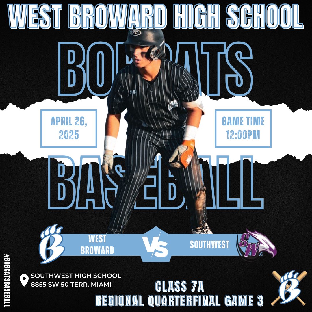 Calling ALL Bobcats! We need everyone’s support tomorrow. Very important game for these boys. Come cheer them on! 
📍Southwest Senior High School
⏰12:00pm
<a href="/Mr_P_WB/">Mr. P</a> <a href="/WestBrowardHigh/">West Broward High</a> #bobcatsbaseball #spring2025 #playoffs