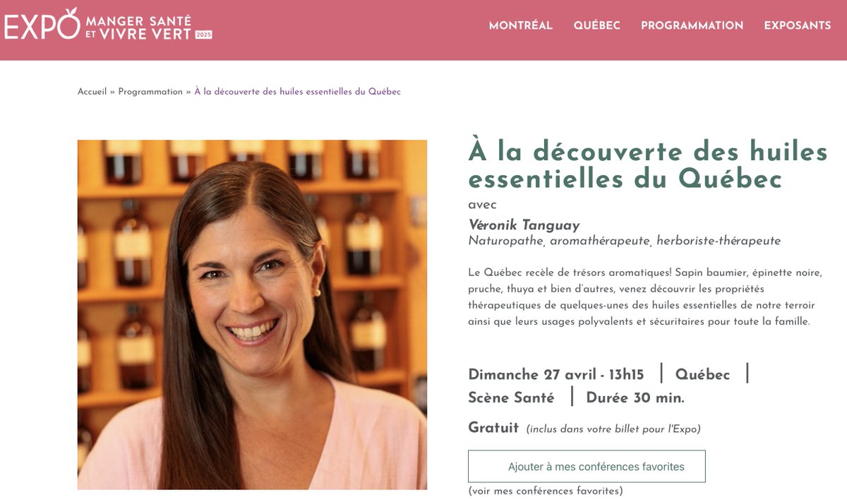 🌞Kiosque #617! Véronik Tanguay vous présentera le merveilleux monde des huiles essentielles le dimanche 27 avril à 13h15 sur la scène « Santé »! 🌱🌷

 💙  zurl.co/ks3gz 

🌳 This weekend we’ll be at booth #617 at the Salon Manger Santé, happening April 26–27! 🌿🌻🍏💚