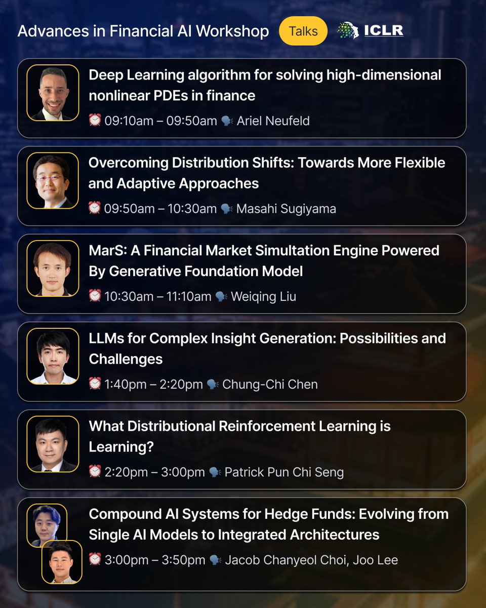 RBCBorealis's tweet image. We have a workshop at @iclr_conf ! 👏

👥 💡Our team members are taking part in organizing the &apos;Advances in Financial #AI workshop&apos; at #ICLR2025. 
 
🗓️ April 28, 2025
⏰ 9:00am - 6:00pm SGT
📍 #Singapore EXPO, Hall 4 #2

Want to learn more? Visit ➡️lnkd.in/gh3tF6Dj…