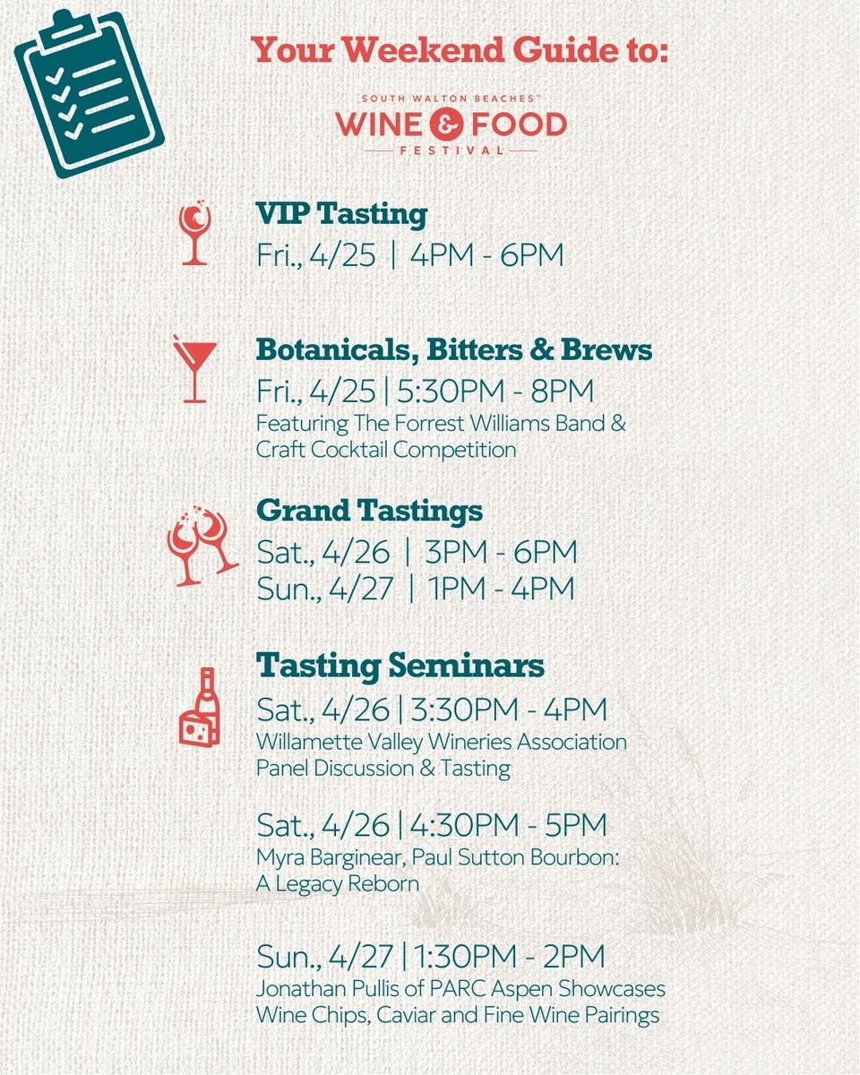 🎉🍷South Walton Beaches Wine &amp; Food Festival kicks off TODAY! 🌴✨

Don’t miss a single sip — the schedule is packed with can’t-miss events! 🥂🍇

📅 Check it out &amp; plan your perfect pour!