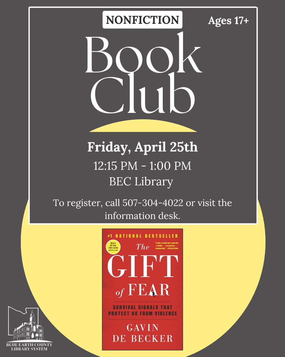 We're meeting at 12:15 PM to discuss "The Gift of Fear" by Gavin de Becker at our Nonfiction Book Club. We can't wait to chat with you!