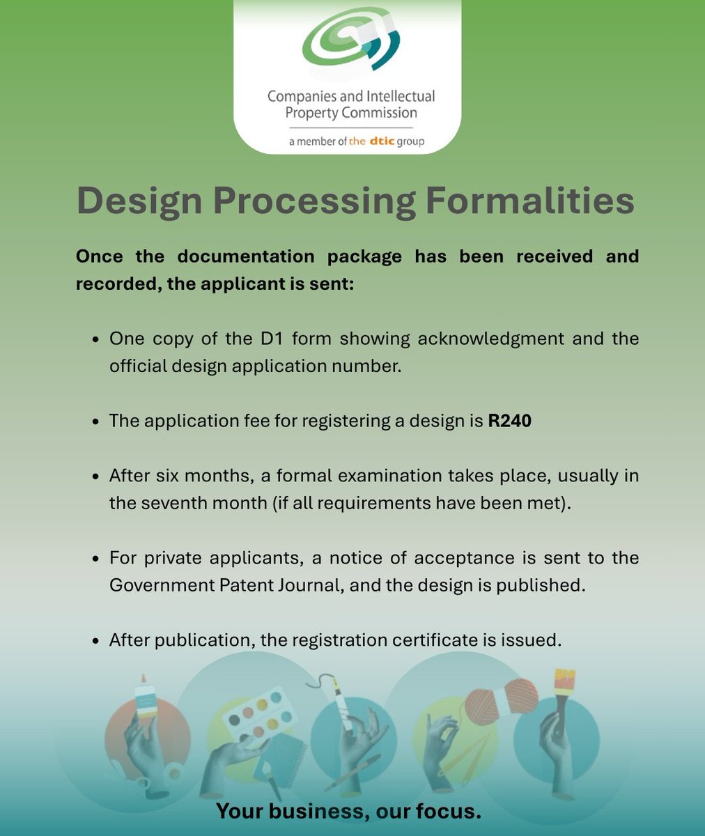 BizPortalGovZa's tweet image. 📄 After submitting your design, it enters a formal review to ensure all requirements are met.
This process protects your rights and confirms that your design is officially recognised. 🔐✨

Visit our website to learn more.
#IPAwarenessMonth #DesignProtection #CIPC #ProtectYourIP