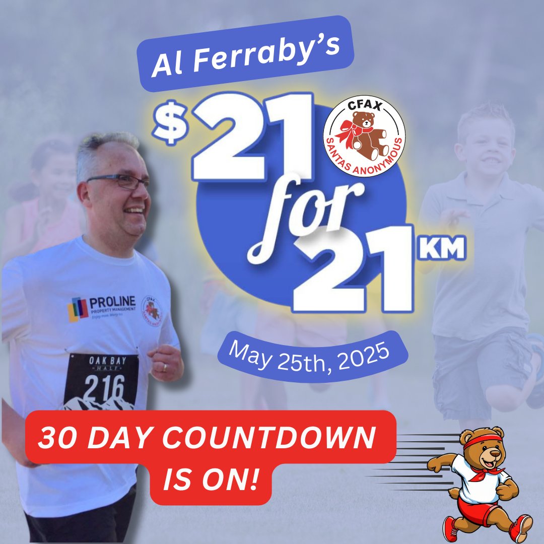 ⏳ 30-Day Countdown Is On! 🏃‍♂️‍➡️

In just 30 days, Al’s running the Oak Bay Half Marathon to raise funds for CFAX Santas Anonymous Children’s Special Grants program! 

Visit Al's personal giving page at canadahelps.org/en/pages/als-2… to support our favorite runner, Al! 💖