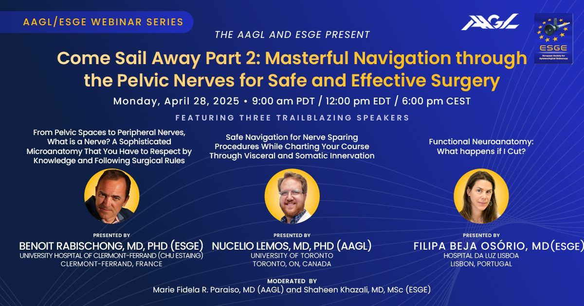 AAGL (@aagl) on Twitter photo Monday join us for Part 2 of AAGL/ESGE webinar âCome Sail Away Part 2: Masterful Navigation through the Pelvic Nerves for Safe and Effective Surgeryâ. 3 speakers expand on this important topic. Mon April 28 at 9am PDT/6pm CEST. Register NOW bit.ly/43UPeTu #AAGL <a href="/nucelio/">Nucelio Lemos</a> Monday join us for Part 2 of AAGL/ESGE webinar âCome Sail Away Part 2: Masterful Navigation through the Pelvic Nerves for Safe and Effective Surgeryâ. 3 speakers expand on this important topic. Mon April 28 at 9am PDT/6pm CEST. Register NOW bit.ly/43UPeTu #AAGL <a href="/nucelio/">Nucelio Lemos</a>
