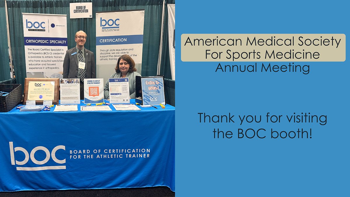 If you are attending #AMSSM2025 today, don’t forget to visit the BOC booth! Enjoy our giveaways &amp; learn more about #AthleticTrainers, BOC &amp; BOC Orthopedic Specialty. annualmeeting.amssm.org #AthleticTrainer #at4all #athletictraining