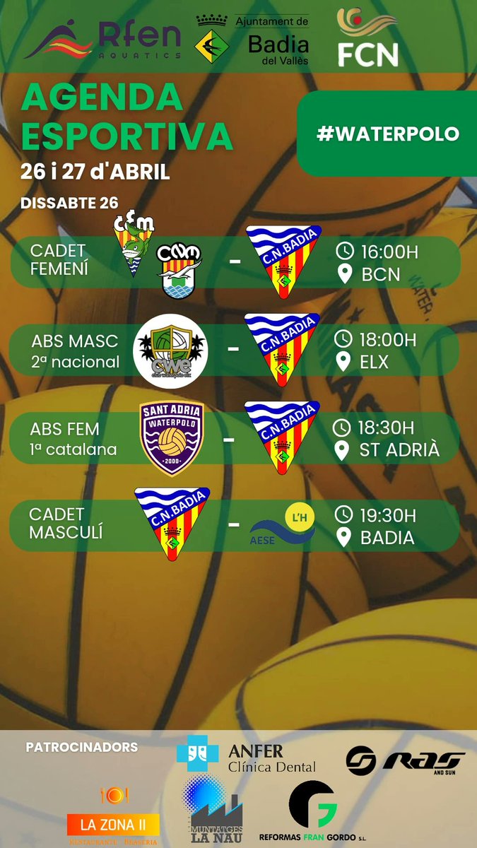 Estos son los partidos de nuestra sección de waterpolo <a href="/cnbadia/">cnbadia</a>  y las competiciones de nuestra sección de natación.

Suerte a tod@s‼️🏊🏼‍♂️🏊🏻‍♀️🤽🏼‍♂️🤽🏻‍♀️💚💛

#cnbadia #Natacion #waterpolo #jornada