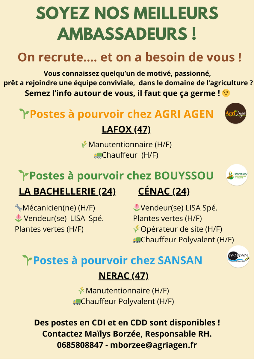 Vous connaissez quelqu’un de motivé, passionné, prêt à rejoindre une équipe conviviale dans le monde de l’agriculture?

Semez l'info autour de vous, il faut que ça germe! 🌱
Prêt à intégrer l'aventure? Contactez-nous! 😄🌞

Maïlys Borzée, Resp RH, 0685808847 mborzee@agriagen.fr