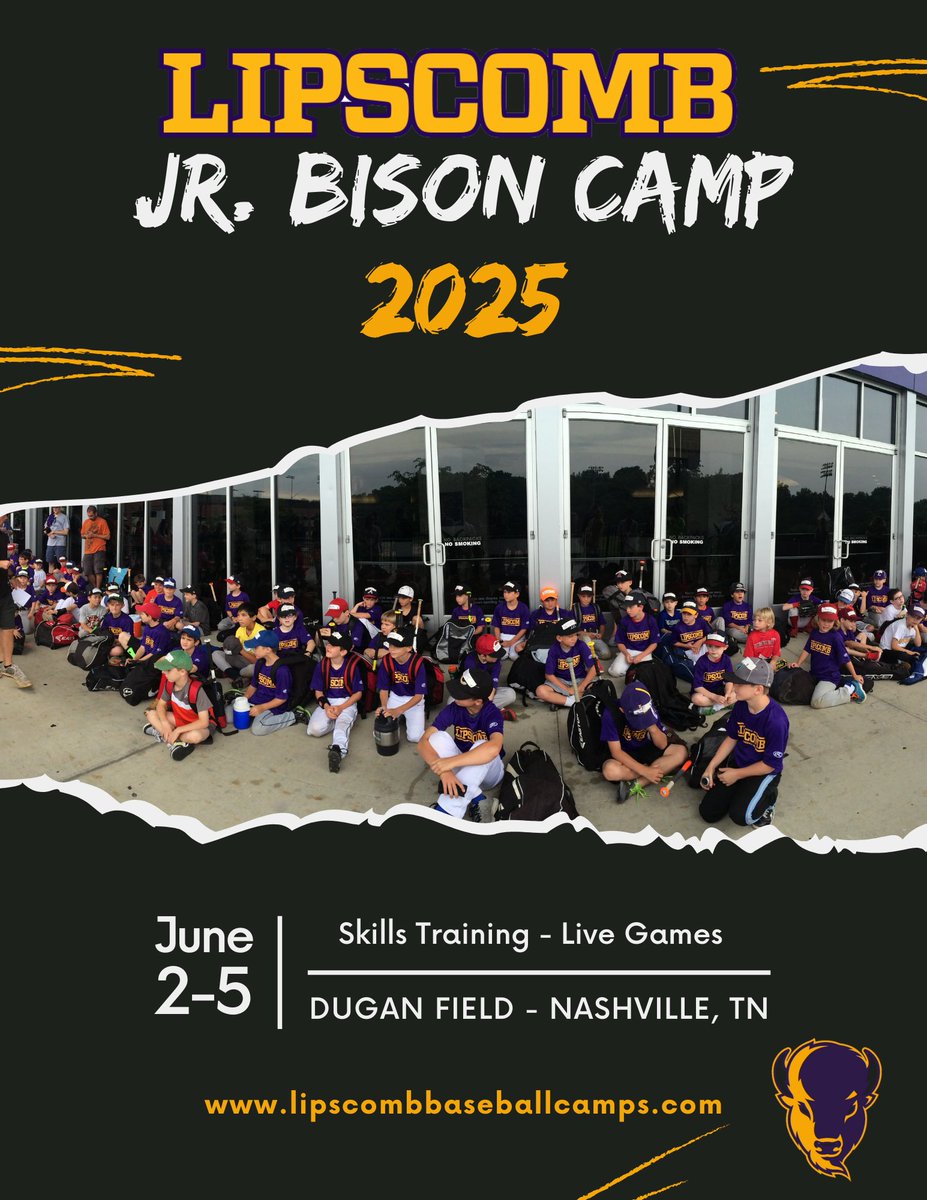 Only 10 spots left for the Jr. Bison Camp! Don’t miss your chance!

🔗: lipscombbaseballcamps.com

#IntoTheStorm ⛈️ | #HornsUp 🤘