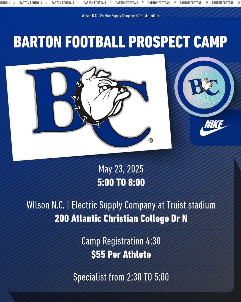 barton_fb's tweet image. Barton Football Prospect Camp 
May 23, 2025
Registration 4:30
TRUIST STADIUM!
Link in bio! 
events.hometownticketing.com/boxoffice/bart…