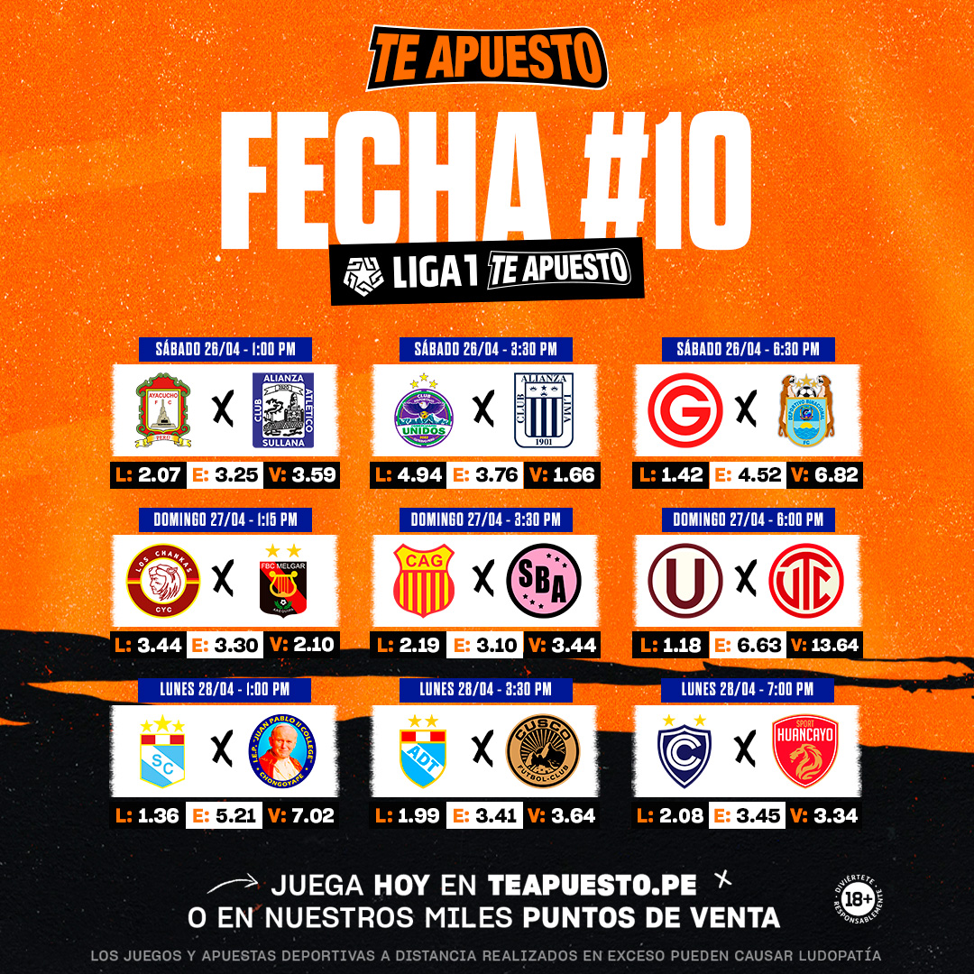 ¡Arranca la Fecha #10 de la poderosísima #Liga1TeApuesto! 🥵🔥 Tomen nota a la programación de partidos y sus cuotas para amar esas soñadoras o esas seguras para facturar como todo un crack 🤑😮‍💨. ¿Ya pensaste tu jugada? ¡Ármala aquí 👉🏻 bit.ly/TA_L1TA25! 😎