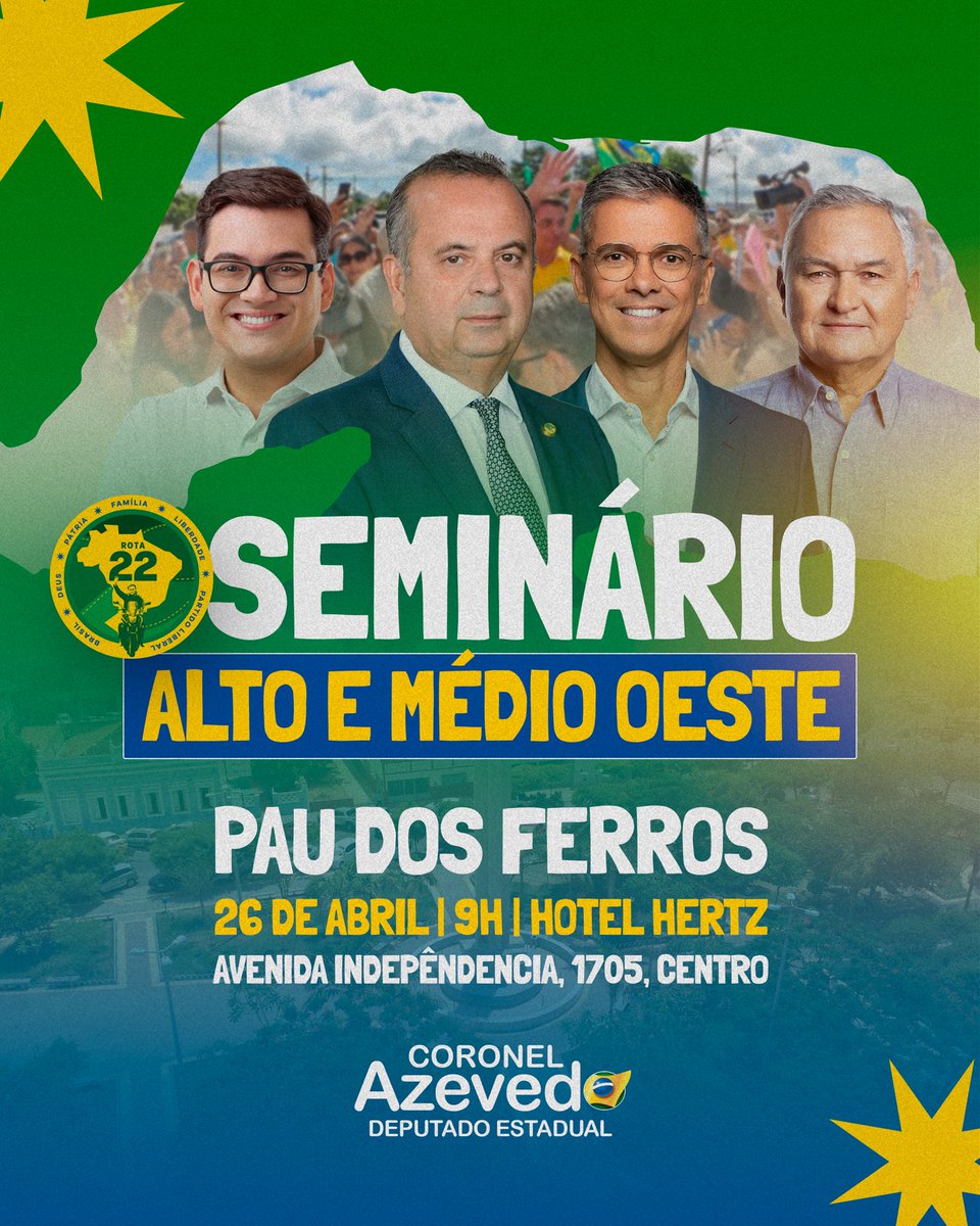 AzevedoCoronel's tweet photo. É AMANHÃ 🇧🇷
Venha fazer a diferença conosco! Será um verdadeiro centro de ideias que influenciarão o futuro do Alto e Médio Oeste. Sua presença é essencial.
No Seminário Rota 22, sua voz importa!
#Rota22 #PL #PLRN #DeputadoCoronelAzevedo https://t.co/RP3QjJwDmI